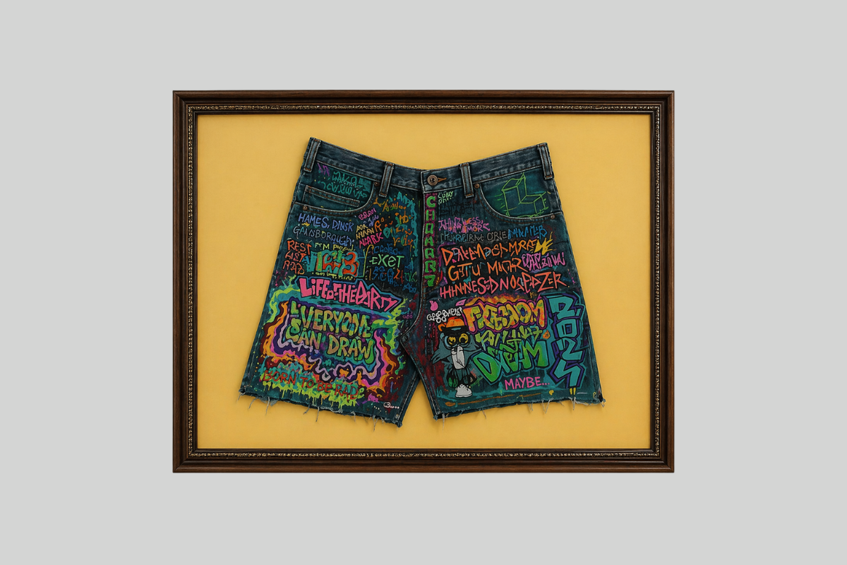 Street art stílusú, kézzel festett farmer short műalkotás, urbánus enteriőr dekoráció